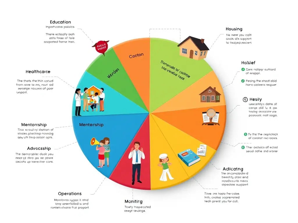 A colorful pie chart infographic visually representing the allocation of funds: 30% Education, showing children in a classroom setting; 20% Healthcare, depicting a doctor examining a child; 15% Housing, illustrating a safe and comfortable home; 10% Family Relief, showing a family receiving support; 8% Mentorship, depicting a mentor guiding a child; 6% Advocacy, representing voices being heard; 6% Operations, symbolizing the administrative support; and 5% Monitoring & Reporting, showcasing data analysis and transparency.