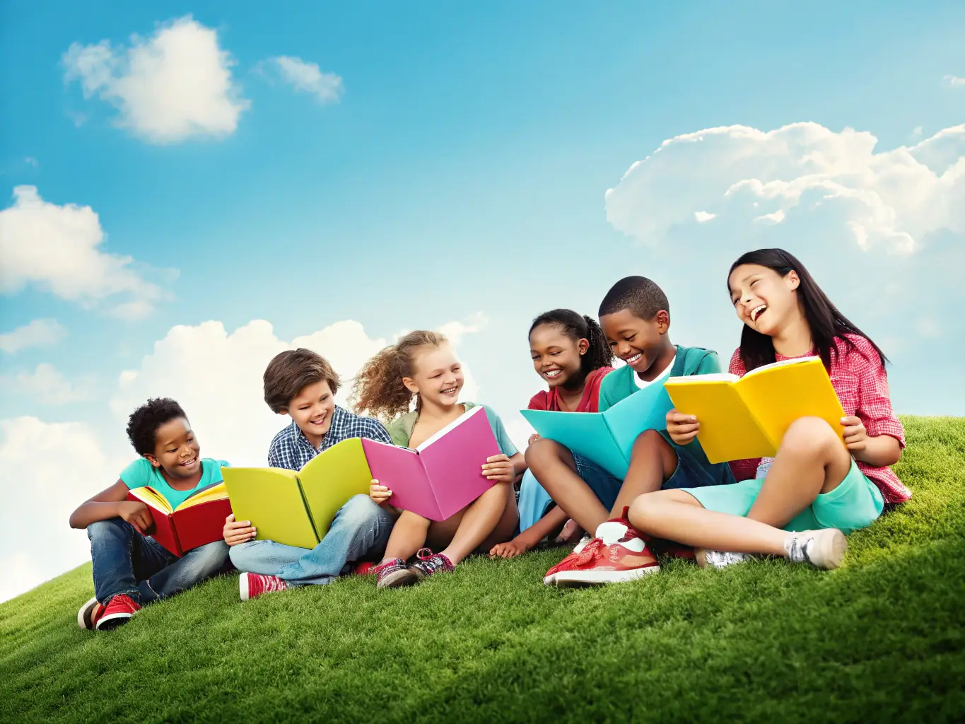 A heartwarming image of a group of children participating in an educational program, symbolizing the impact of Bravery Beacon's educational support initiatives. The children are smiling and engaged, with books and learning materials visible in the background.