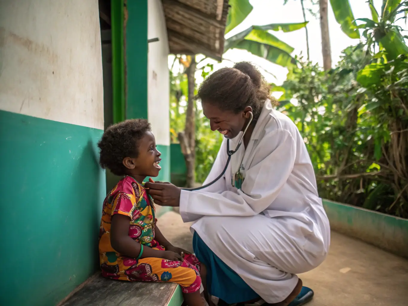 A photograph of children receiving healthcare services, illustrating Bravery Beacon's commitment to providing comprehensive healthcare support. The image captures a caring medical professional interacting with a child, ensuring their well-being.
