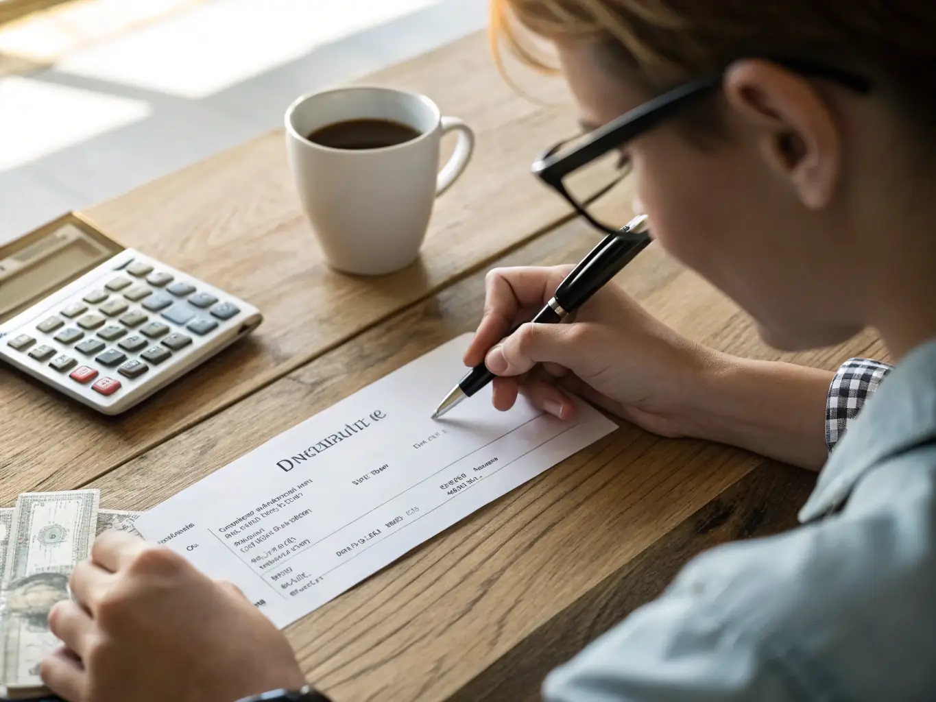 A person writing a check to Bravery Beacon, representing the traditional method of donating via mail.