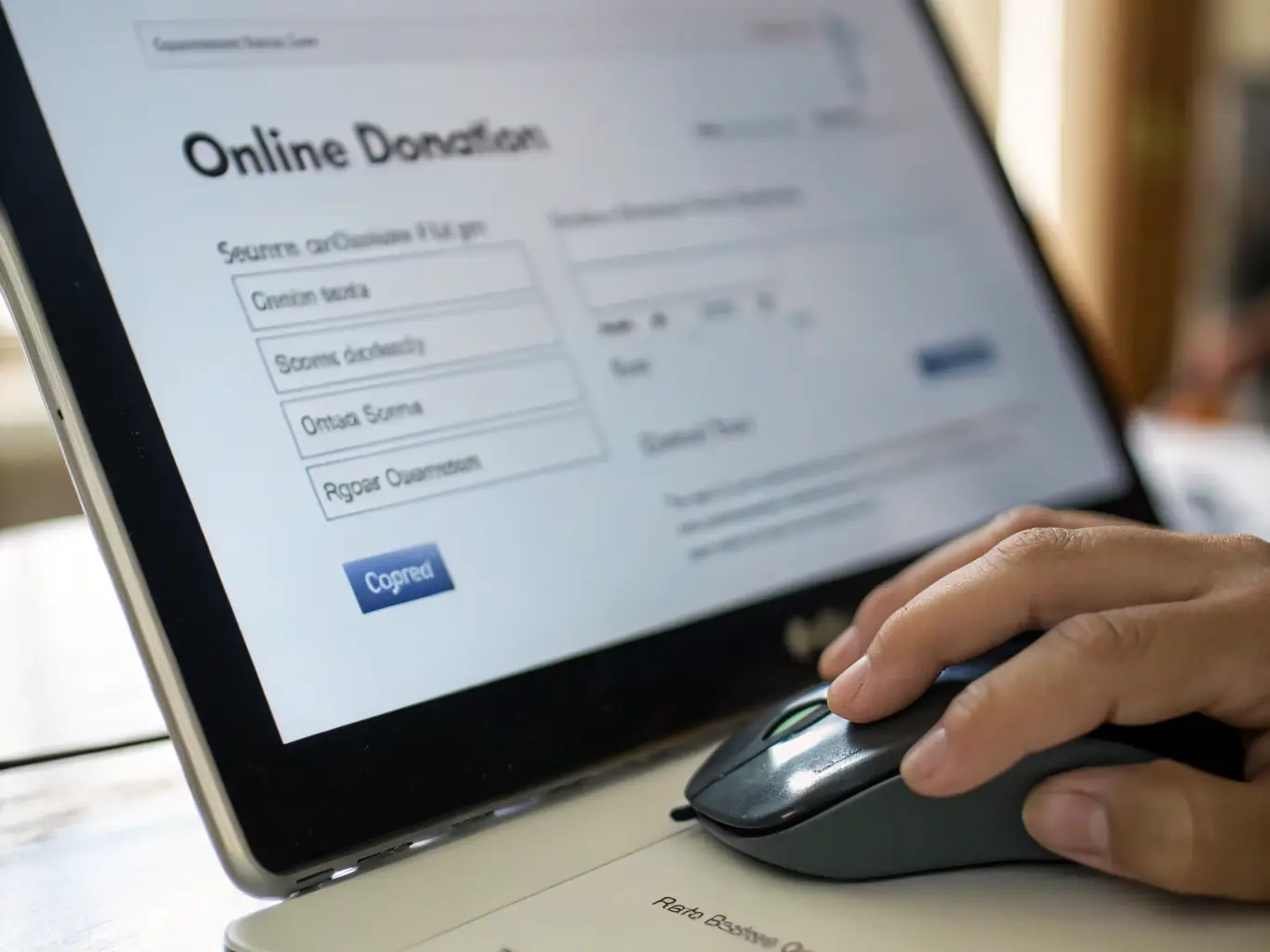 A person making an online donation via a secure payment gateway on a laptop, symbolizing the ease and security of online contributions to Bravery Beacon.