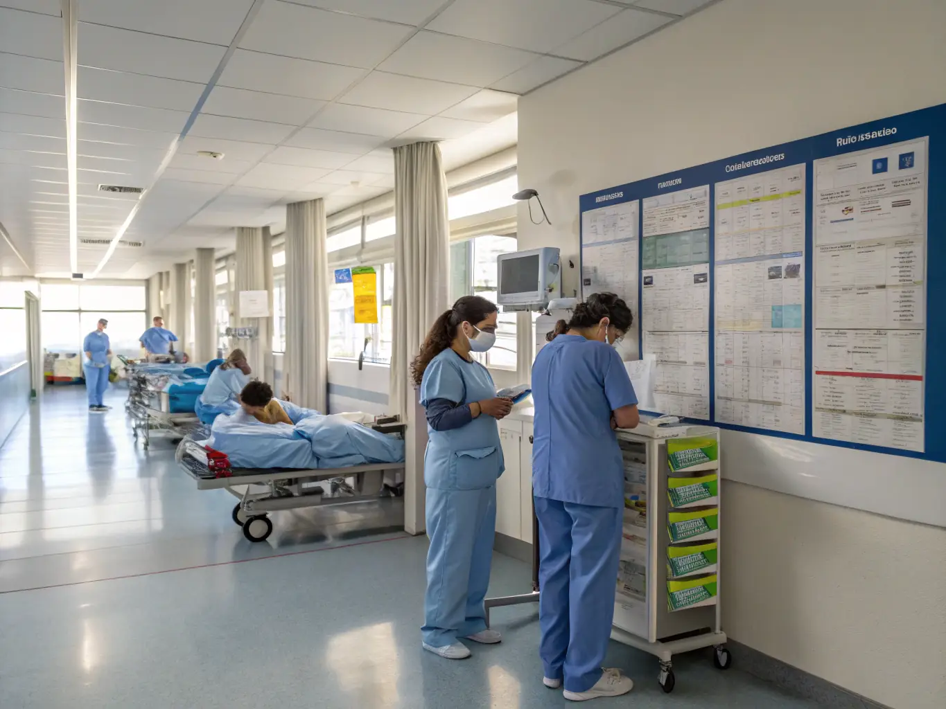 A vibrant image of medical professionals providing care to children, set against a backdrop of a modern hospital, symbolizing comprehensive healthcare support.